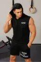Men's Sleeveless Gym Hoodie – Black Printed Sports Vest